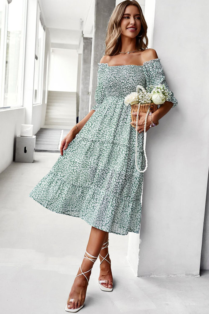 Green floral off outlet shoulder dress