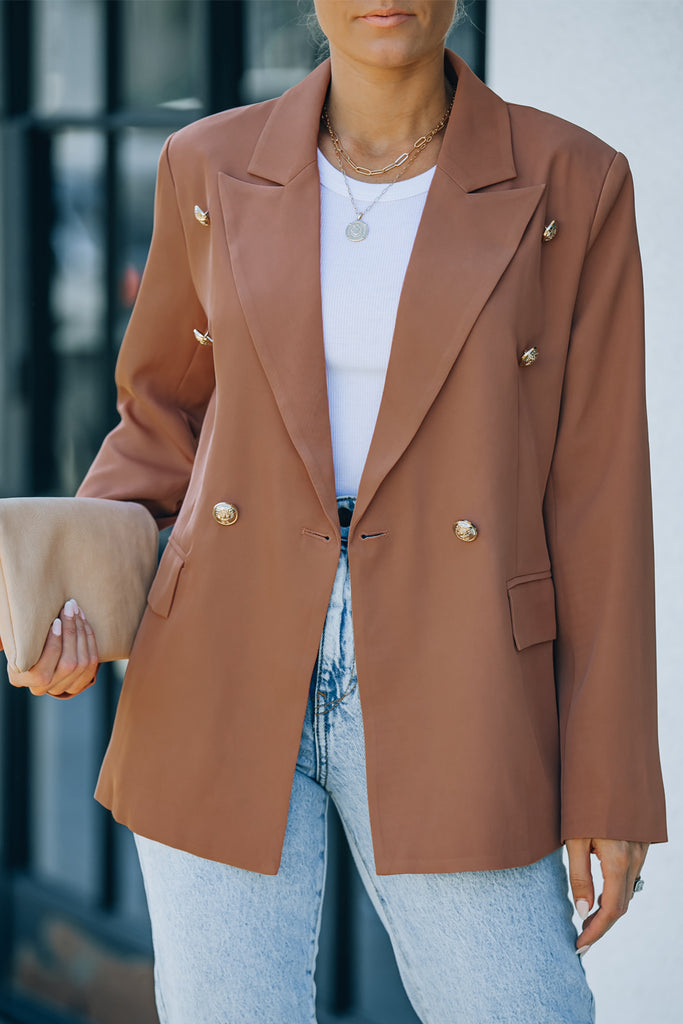 Double-Breasted Long Tan Blazer