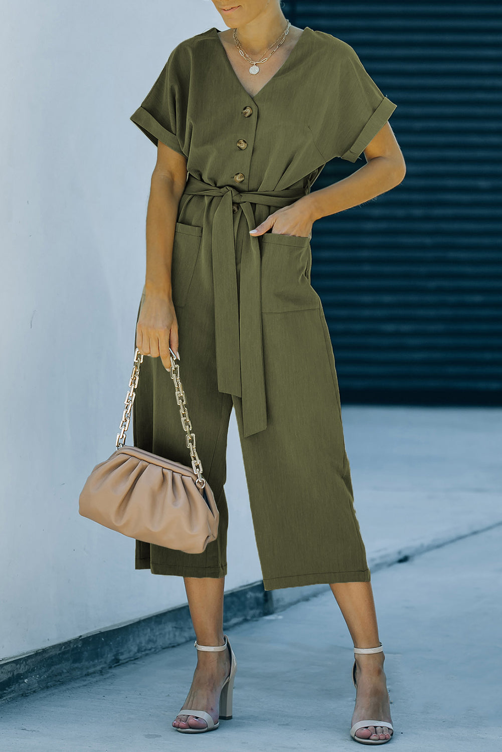 Button Front Belted Cropped Jumpsuit with Pockets – La Boutique Dacula