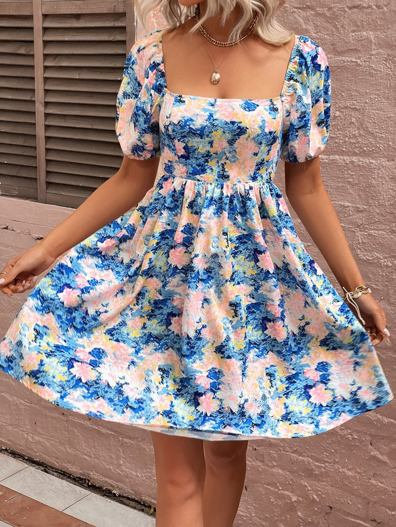 Ditsy Floral Square Neck Puff Sleeve Dress | SHEIN