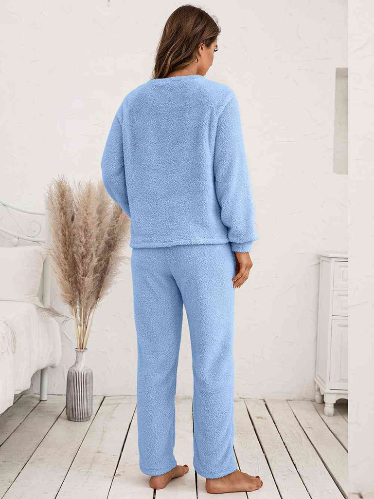 Round Neck Long Sleeve Top and Drawstring Pants Lounge Set