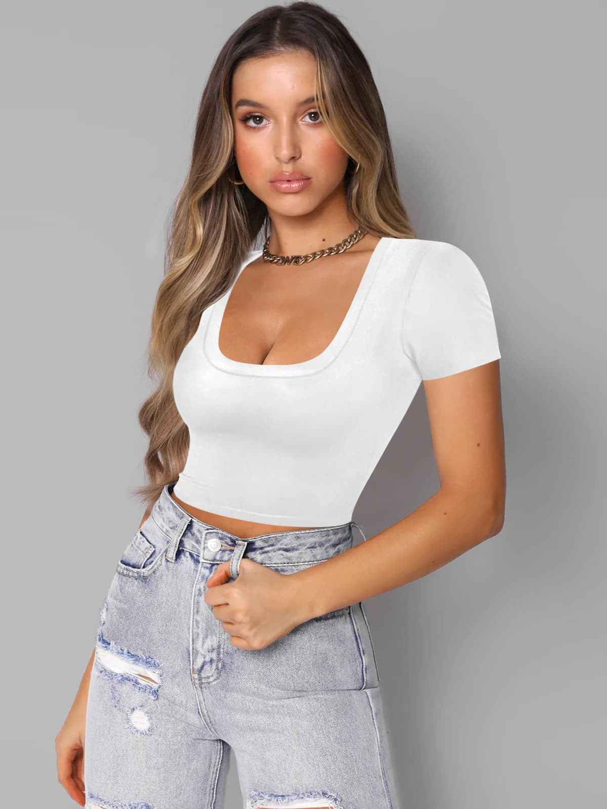 Square Neck Cap Sleeve Cropped Top