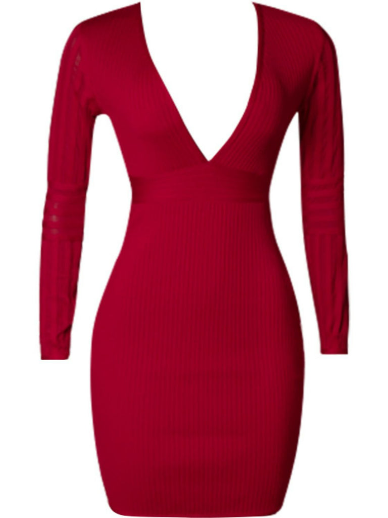 Ribbed Deep V Long Sleeve Mini Bandage Dress – La Boutique Dacula