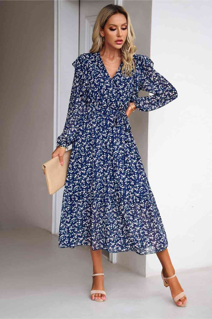 Surplice Neck Balloon Sleeve Midi Dress