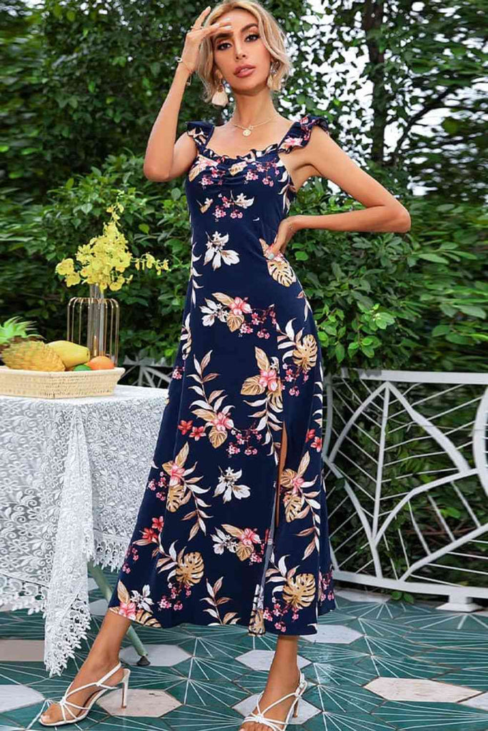 Floral Print Sleeveless Square Neck Slit Midi Dress