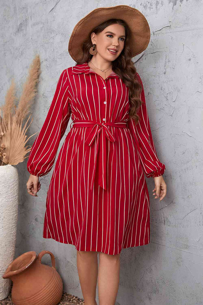 Plus Size Striped Tie Waist Shirt Dress