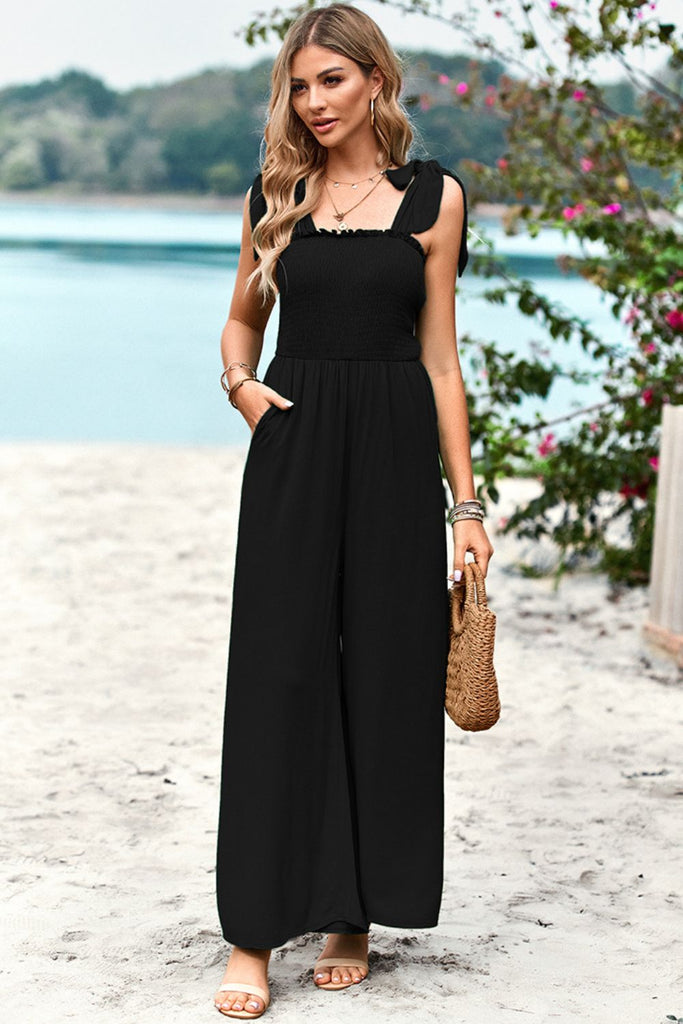 Frill Trim Tie Shoulder Wide Leg Jumpsuit with Pockets – La Boutique Dacula