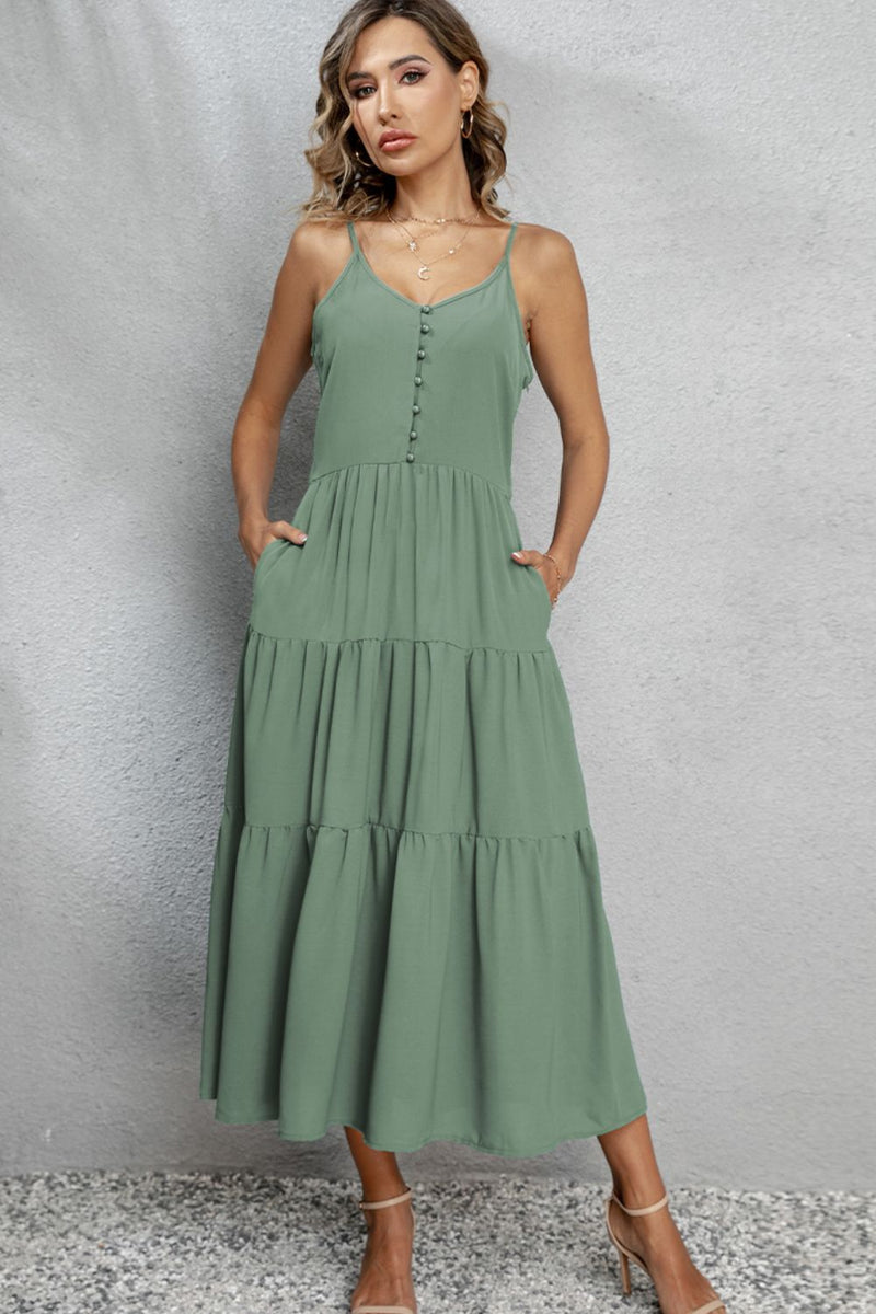 V-Neck Sleeveless Spaghetti Straps Midi Dress – La Boutique Dacula